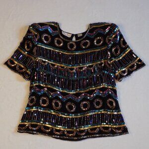 VTG Laurence Kazar Sequin Beaded Blouse Eveningwear 80s 90s 100% Silk